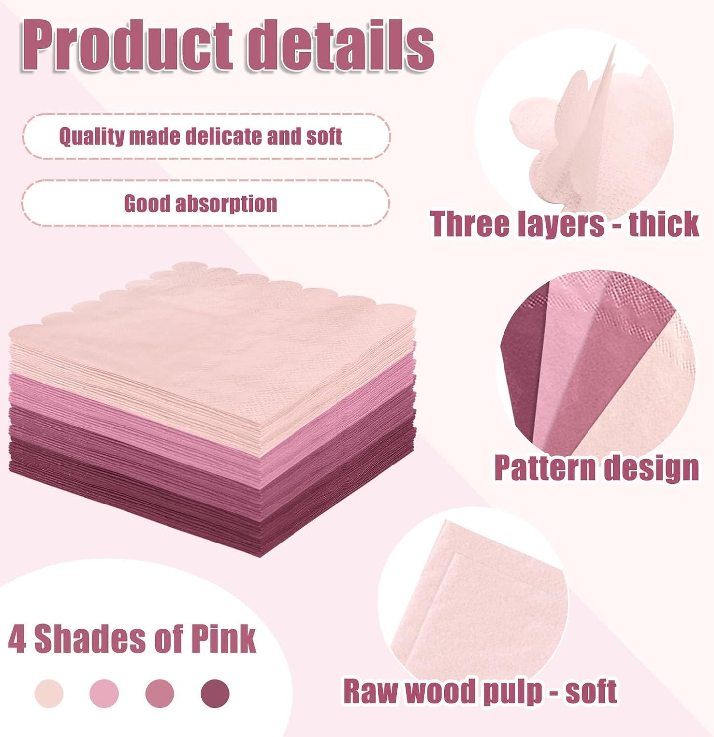 SietDESEO 48 Pieces 3-ply Gradient Pink Napkins Disposable Folded 5 x 5 Inches Scalloped Cocktail Napkins for Dinner Wedding Birthday Party