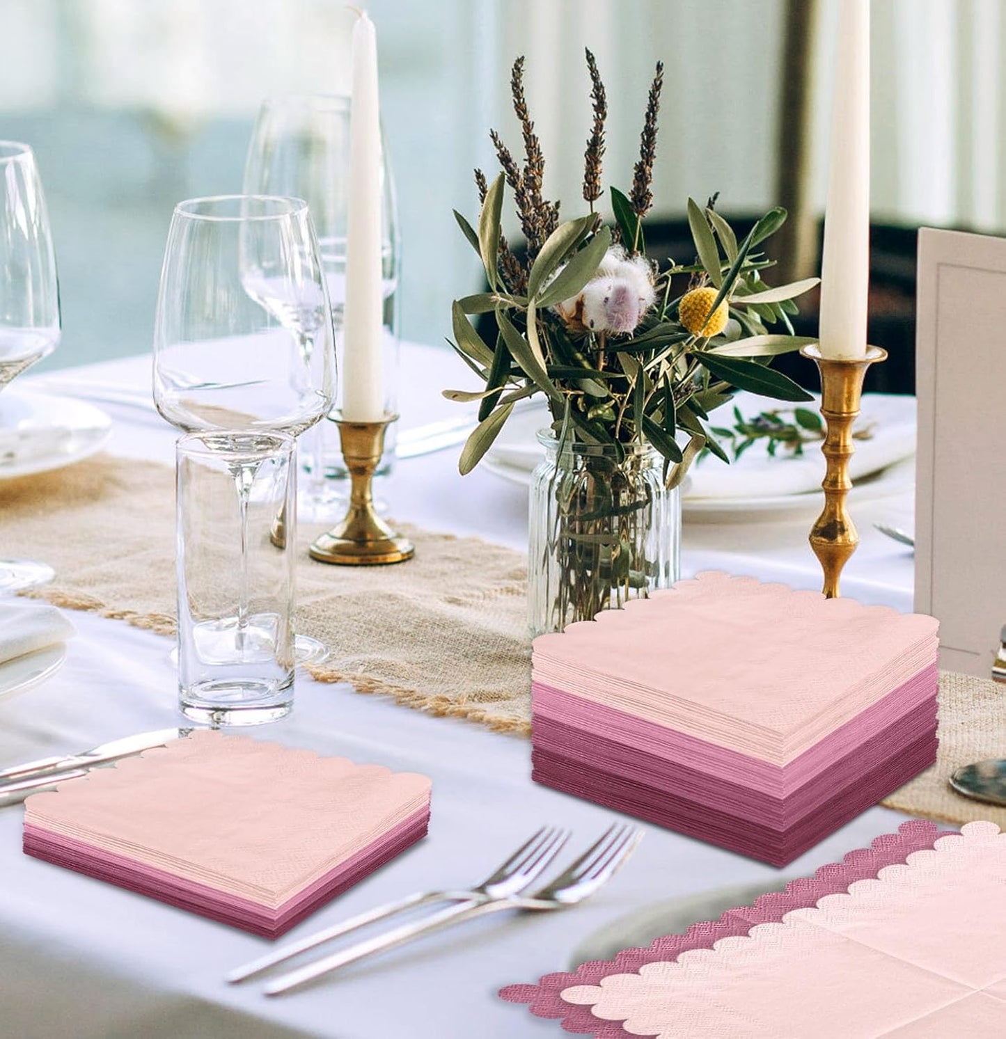 SietDESEO 48 Pieces 3-ply Gradient Pink Napkins Disposable Folded 5 x 5 Inches Scalloped Cocktail Napkins for Dinner Wedding Birthday Party