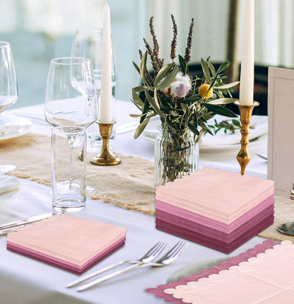 SietDESEO 48 Pieces 3-ply Gradient Pink Napkins Disposable Folded 5 x 5 Inches Scalloped Cocktail Napkins for Dinner Wedding Birthday Party