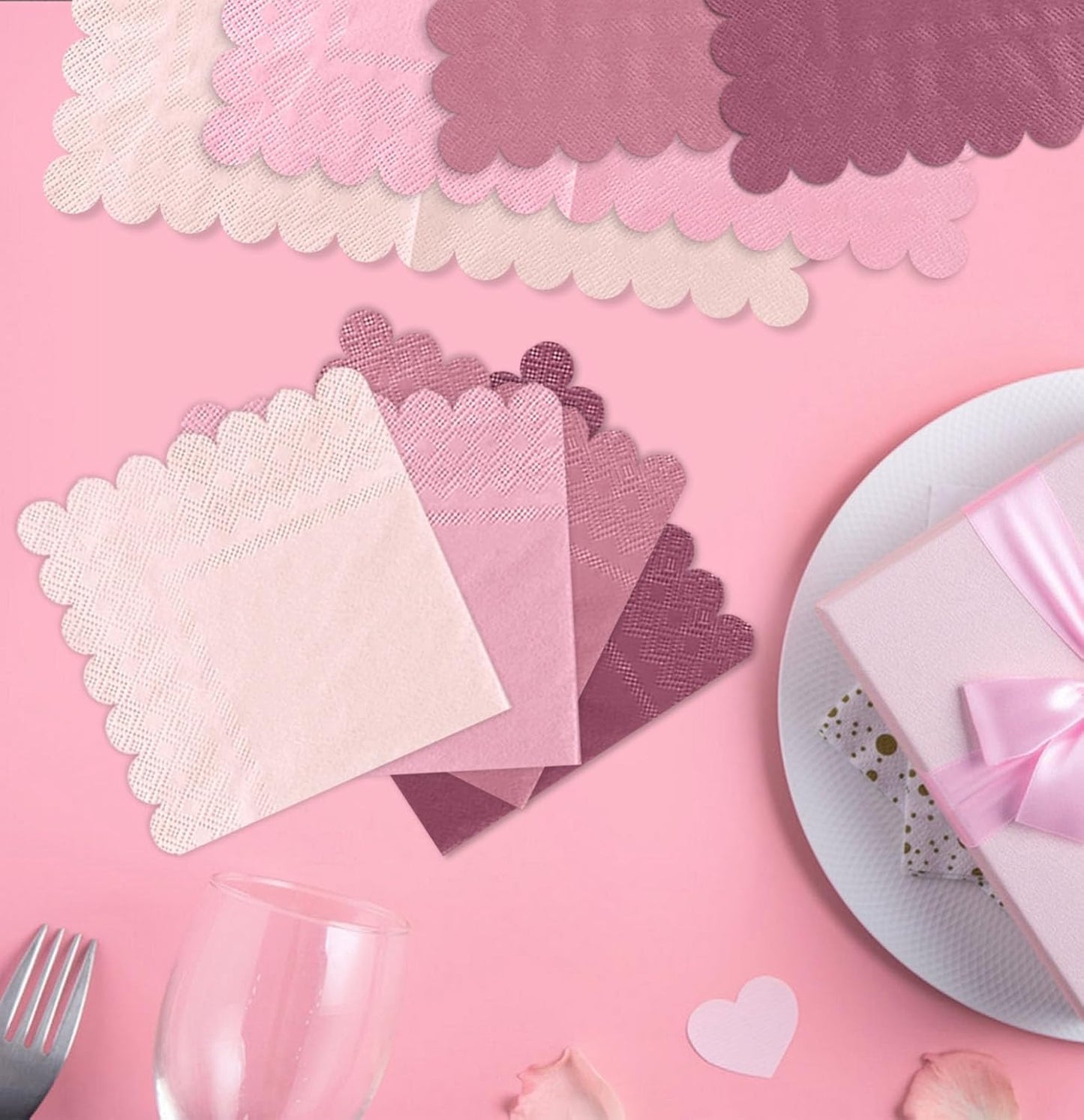 SietDESEO 48 Pieces 3-ply Gradient Pink Napkins Disposable Folded 5 x 5 Inches Scalloped Cocktail Napkins for Dinner Wedding Birthday Party