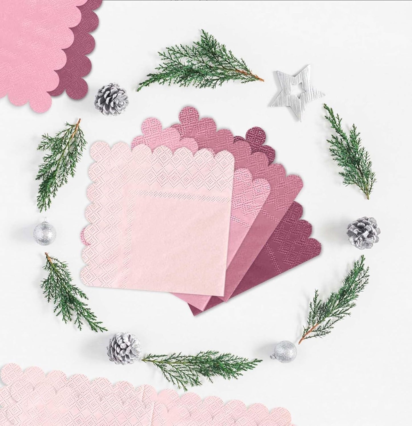 SietDESEO 48 Pieces 3-ply Gradient Pink Napkins Disposable Folded 5 x 5 Inches Scalloped Cocktail Napkins for Dinner Wedding Birthday Party