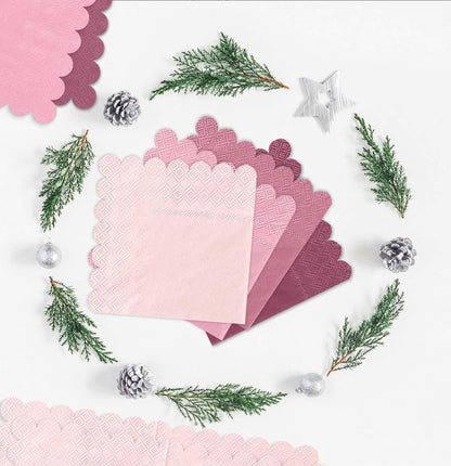 SietDESEO 48 Pieces 3-ply Gradient Pink Napkins Disposable Folded 5 x 5 Inches Scalloped Cocktail Napkins for Dinner Wedding Birthday Party