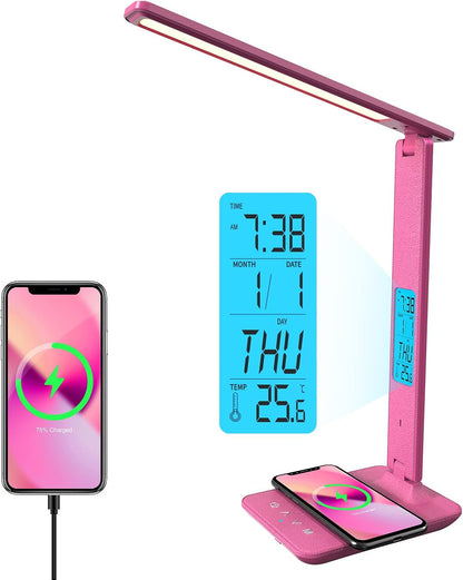 Desk Lamp, LED Desk Lamp with Wireless Charger, USB Charging Port, Table Lamp with Clock, Alarm, Date, Temperature, Office Lamp, Desk Lamps for Home Office, Pink