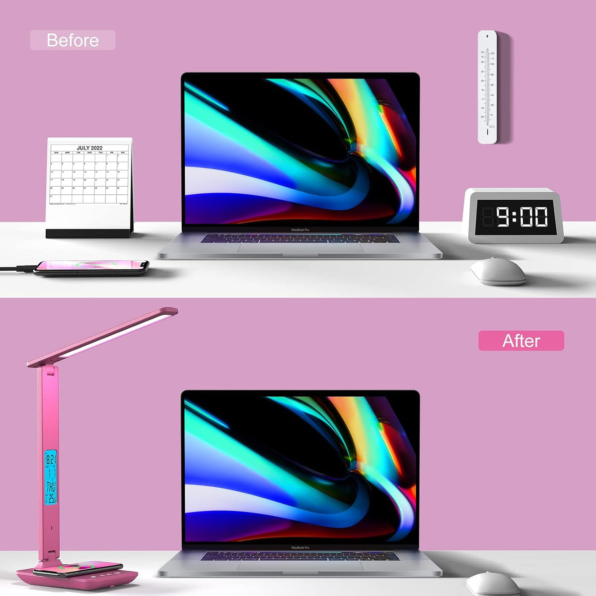 Desk Lamp, LED Desk Lamp with Wireless Charger, USB Charging Port, Table Lamp with Clock, Alarm, Date, Temperature, Office Lamp, Desk Lamps for Home Office, Pink