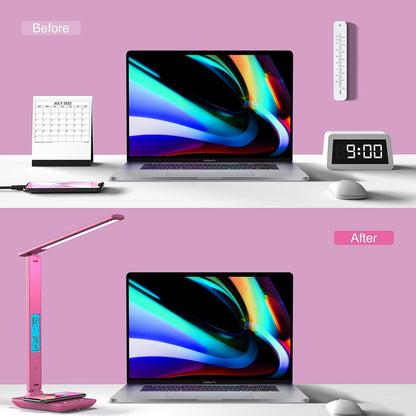 Desk Lamp, LED Desk Lamp with Wireless Charger, USB Charging Port, Table Lamp with Clock, Alarm, Date, Temperature, Office Lamp, Desk Lamps for Home Office, Pink