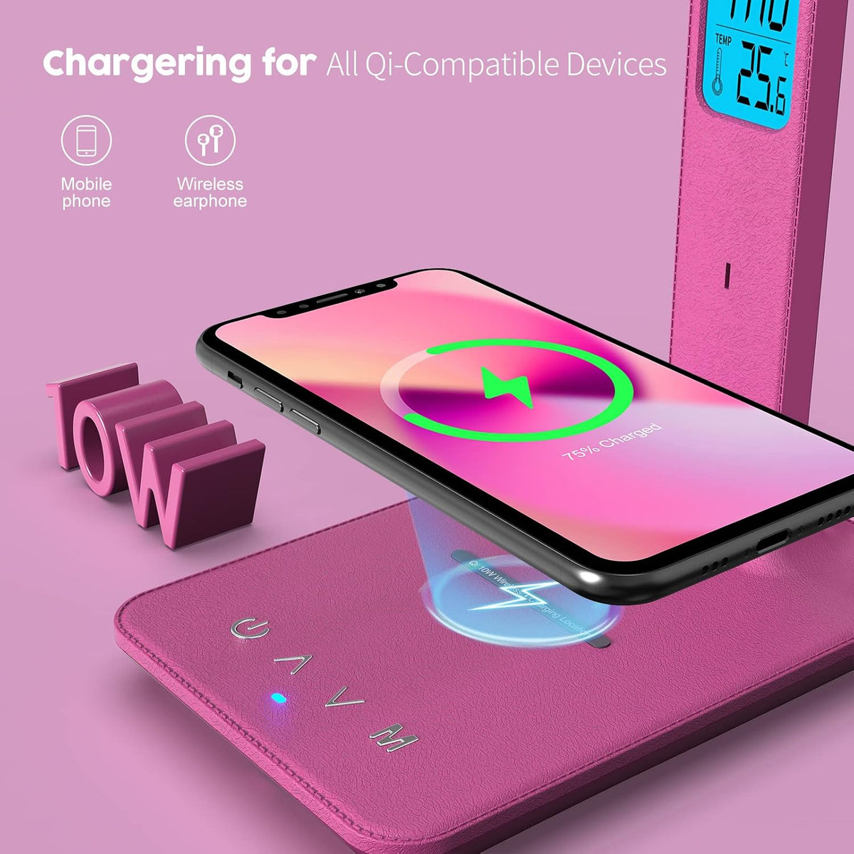 Desk Lamp, LED Desk Lamp with Wireless Charger, USB Charging Port, Table Lamp with Clock, Alarm, Date, Temperature, Office Lamp, Desk Lamps for Home Office, Pink