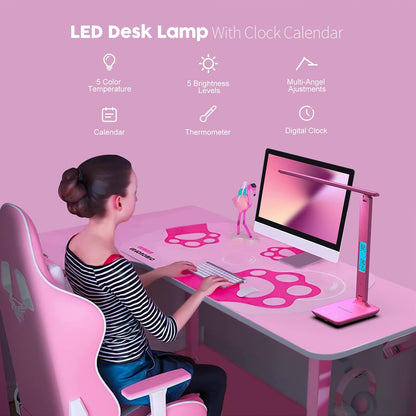 Desk Lamp, LED Desk Lamp with Wireless Charger, USB Charging Port, Table Lamp with Clock, Alarm, Date, Temperature, Office Lamp, Desk Lamps for Home Office, Pink