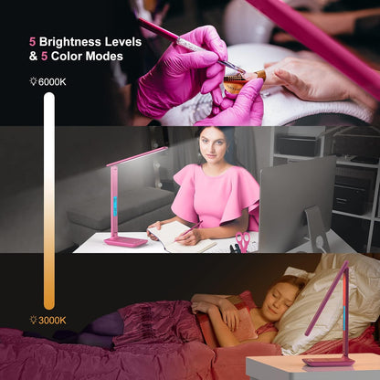 Desk Lamp, LED Desk Lamp with Wireless Charger, USB Charging Port, Table Lamp with Clock, Alarm, Date, Temperature, Office Lamp, Desk Lamps for Home Office, Pink