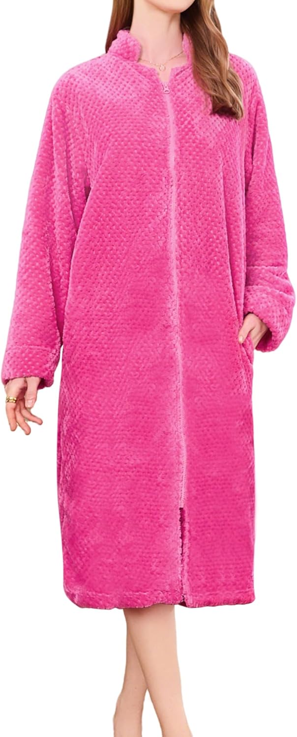 Zipper Robes for Women, Long Fleece Zip Up Bathrobe with Pockets
