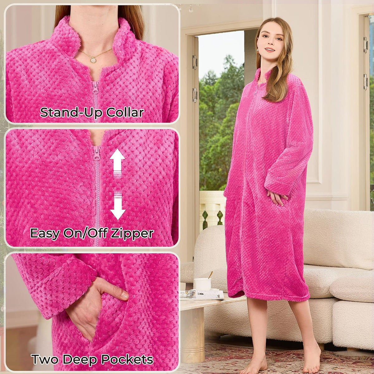 Zipper Robes for Women, Long Fleece Zip Up Bathrobe with Pockets