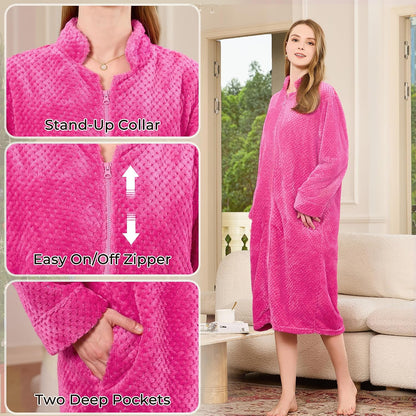 Zipper Robes for Women, Long Fleece Zip Up Bathrobe with Pockets