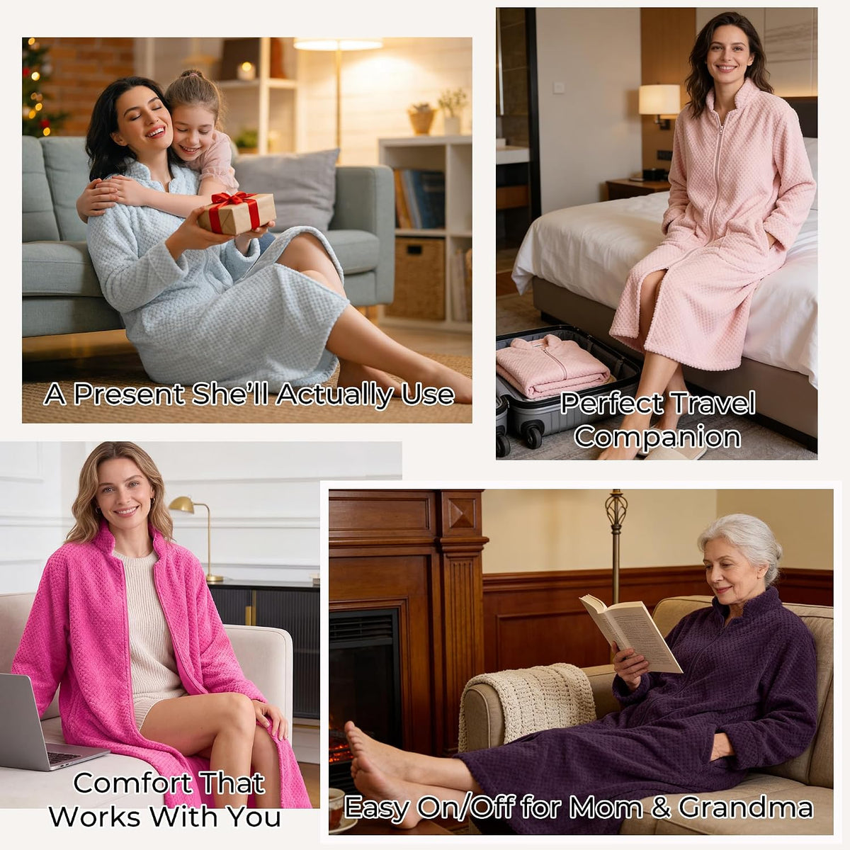 Zipper Robes for Women, Long Fleece Zip Up Bathrobe with Pockets