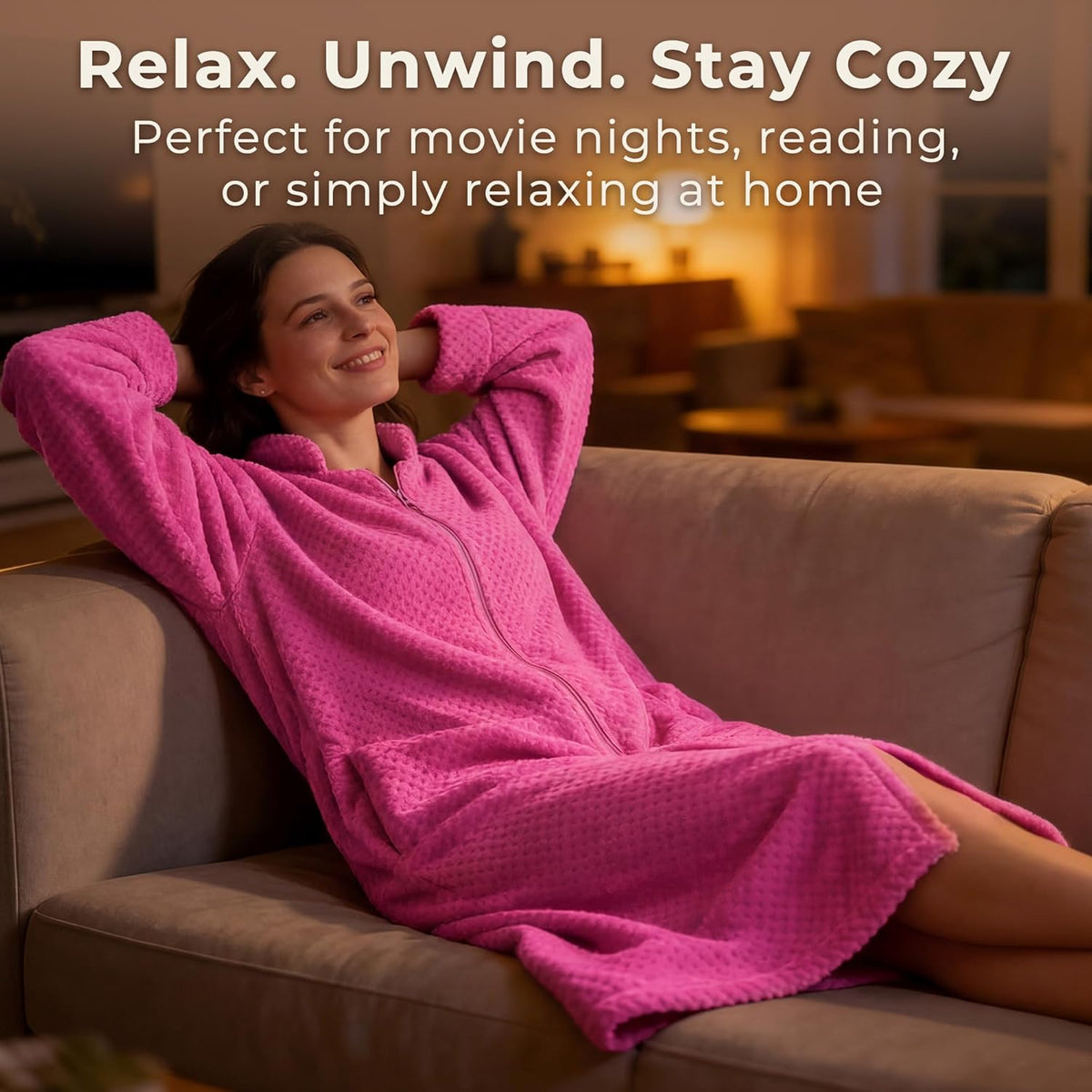 Zipper Robes for Women, Long Fleece Zip Up Bathrobe with Pockets