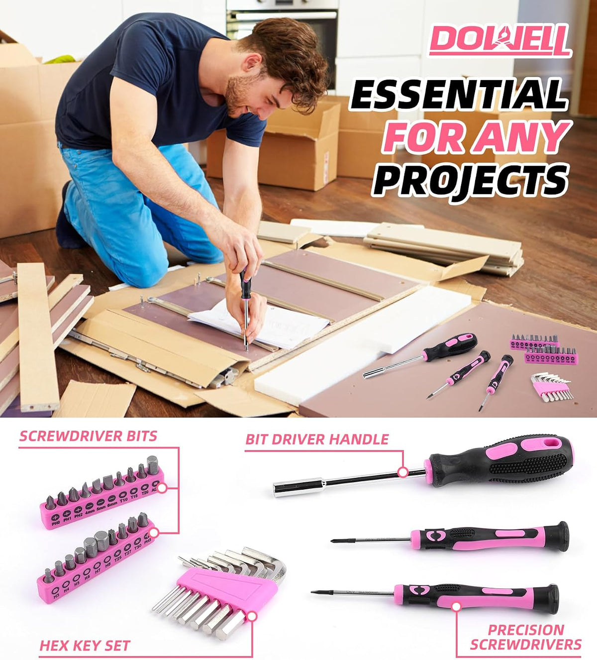 Tool Set, 140PCS Pink Household Tool Kit for Women