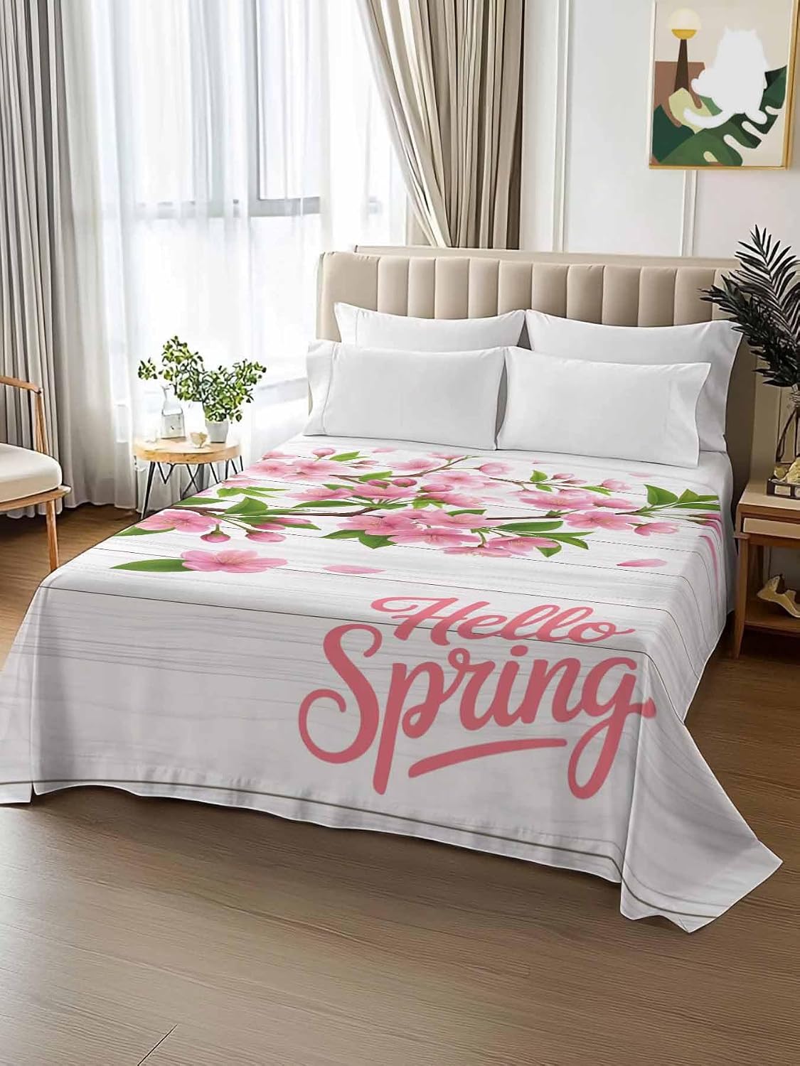 Top Sheet Full Bedding Flat Sheet Only, Hello Spring Peach Blossom Floral Microfiber Bed Sheets Soft Breathable Bedding Flat Sheets, Pink Flower Rustic Wood Grain Hotel Luxury Top Sheets