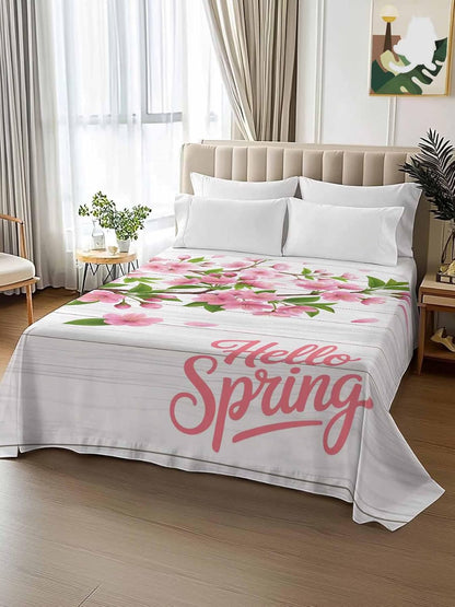Top Sheet Full Bedding Flat Sheet Only, Hello Spring Peach Blossom Floral Microfiber Bed Sheets Soft Breathable Bedding Flat Sheets, Pink Flower Rustic Wood Grain Hotel Luxury Top Sheets