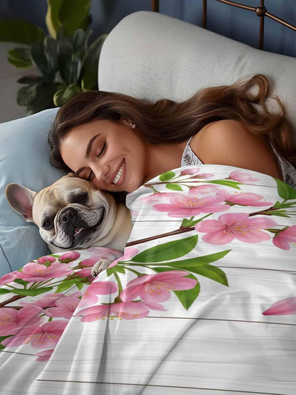Top Sheet Full Bedding Flat Sheet Only, Hello Spring Peach Blossom Floral Microfiber Bed Sheets Soft Breathable Bedding Flat Sheets, Pink Flower Rustic Wood Grain Hotel Luxury Top Sheets