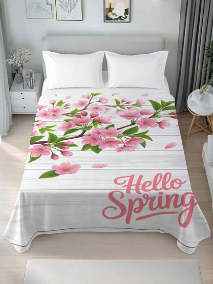 Top Sheet Full Bedding Flat Sheet Only, Hello Spring Peach Blossom Floral Microfiber Bed Sheets Soft Breathable Bedding Flat Sheets, Pink Flower Rustic Wood Grain Hotel Luxury Top Sheets