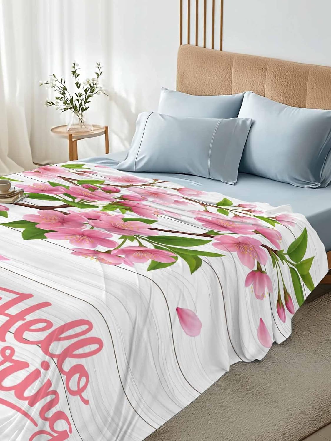 Top Sheet Full Bedding Flat Sheet Only, Hello Spring Peach Blossom Floral Microfiber Bed Sheets Soft Breathable Bedding Flat Sheets, Pink Flower Rustic Wood Grain Hotel Luxury Top Sheets