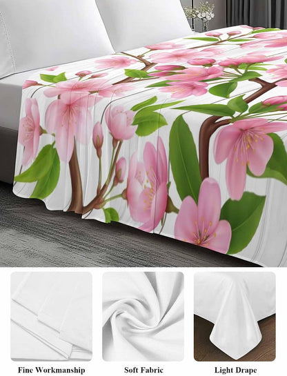 Top Sheet Full Bedding Flat Sheet Only, Hello Spring Peach Blossom Floral Microfiber Bed Sheets Soft Breathable Bedding Flat Sheets, Pink Flower Rustic Wood Grain Hotel Luxury Top Sheets