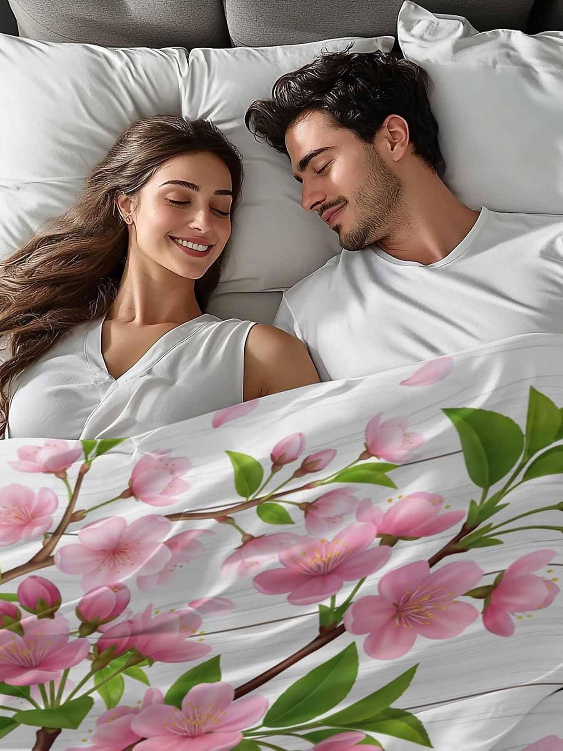 Top Sheet Full Bedding Flat Sheet Only, Hello Spring Peach Blossom Floral Microfiber Bed Sheets Soft Breathable Bedding Flat Sheets, Pink Flower Rustic Wood Grain Hotel Luxury Top Sheets