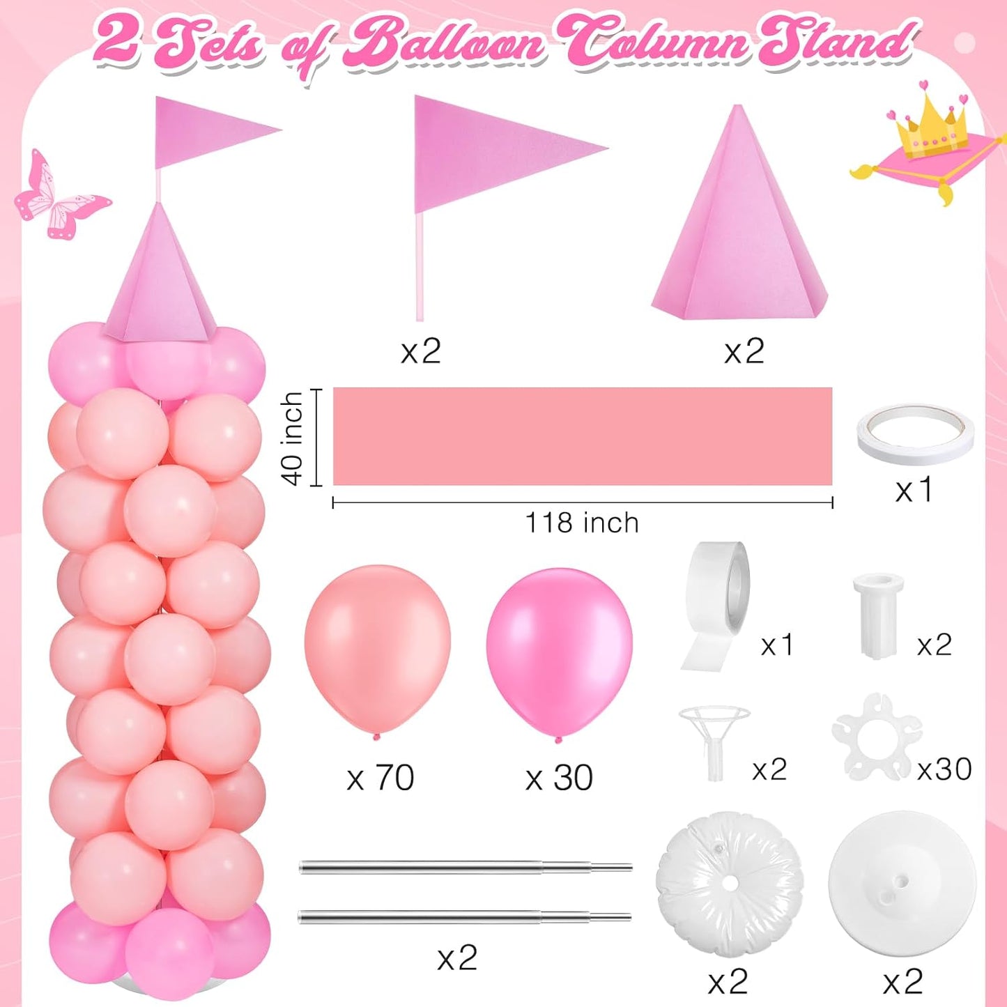 2 Sets Princess Party Decorations Balloon Column Stand Kit, Pink