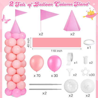 2 Sets Princess Party Decorations Balloon Column Stand Kit, Pink