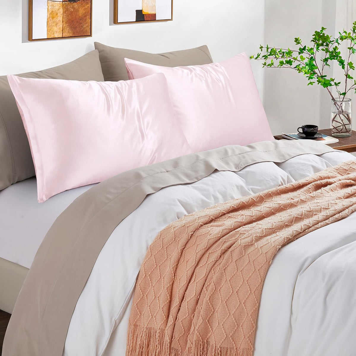 Blush Pink Satin Pillowcases with Zipper （20x26）,Standard Size Satin Pillowcases Set of 2, Blush Pink Silk Pillowcase for Hair and Skin