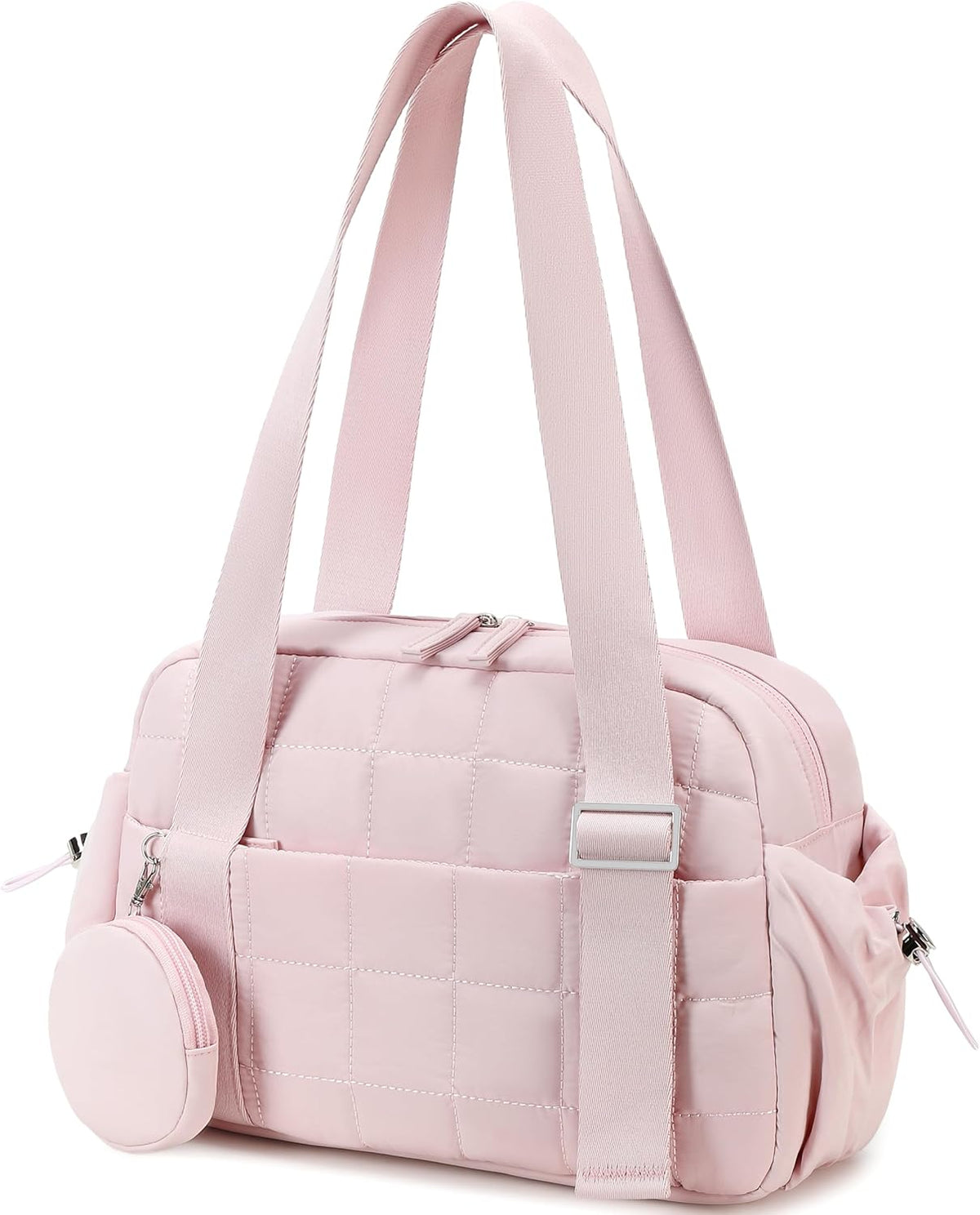 Mini Gym Bag for Women, Small Gym Tote Bag Puffy Quilted Sports Duffel Bag with Wet Compartment and Coin Purse Duffel Bags Dance Yoga Workout Bag for Gifts (All Coral Pink, Mini-12.6")