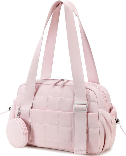 Mini Gym Bag for Women, Small Gym Tote Bag Puffy Quilted Sports Duffel Bag with Wet Compartment and Coin Purse Duffel Bags Dance Yoga Workout Bag for Gifts (All Coral Pink, Mini-12.6")