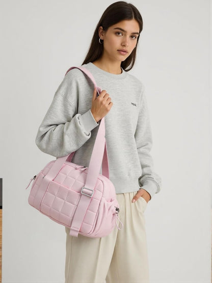 Mini Gym Bag for Women, Small Gym Tote Bag Puffy Quilted Sports Duffel Bag with Wet Compartment and Coin Purse Duffel Bags Dance Yoga Workout Bag for Gifts (All Coral Pink, Mini-12.6")