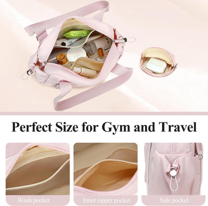 Mini Gym Bag for Women, Small Gym Tote Bag Puffy Quilted Sports Duffel Bag with Wet Compartment and Coin Purse Duffel Bags Dance Yoga Workout Bag for Gifts (All Coral Pink, Mini-12.6")