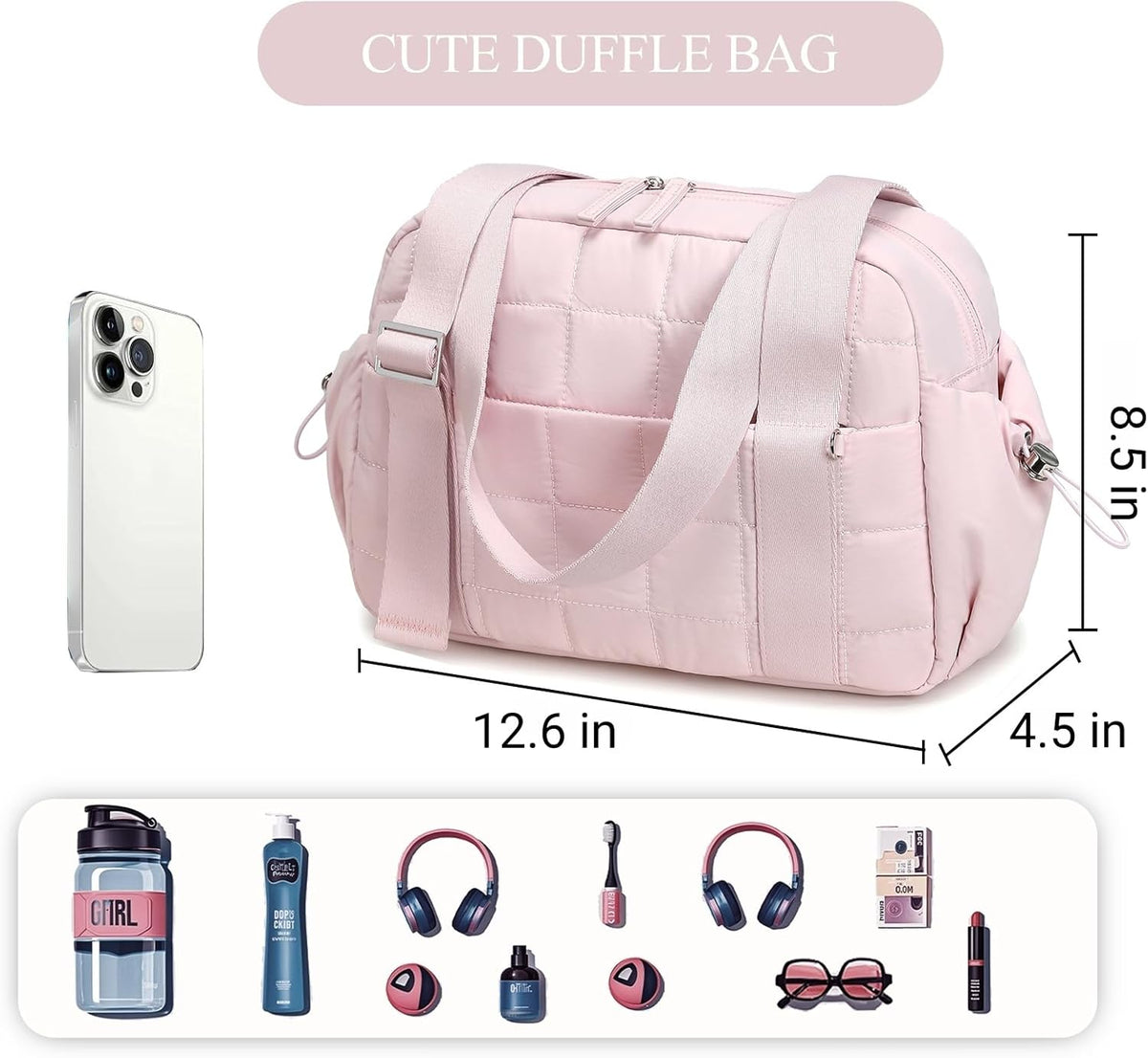 Mini Gym Bag for Women, Small Gym Tote Bag Puffy Quilted Sports Duffel Bag with Wet Compartment and Coin Purse Duffel Bags Dance Yoga Workout Bag for Gifts (All Coral Pink, Mini-12.6")