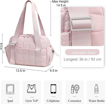 Mini Gym Bag for Women, Small Gym Tote Bag Puffy Quilted Sports Duffel Bag with Wet Compartment and Coin Purse Duffel Bags Dance Yoga Workout Bag for Gifts (All Coral Pink, Mini-12.6")