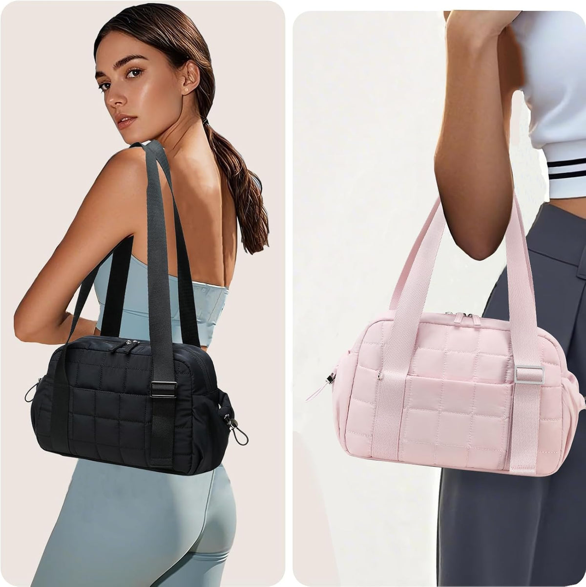 Mini Gym Bag for Women, Small Gym Tote Bag Puffy Quilted Sports Duffel Bag with Wet Compartment and Coin Purse Duffel Bags Dance Yoga Workout Bag for Gifts (All Coral Pink, Mini-12.6")