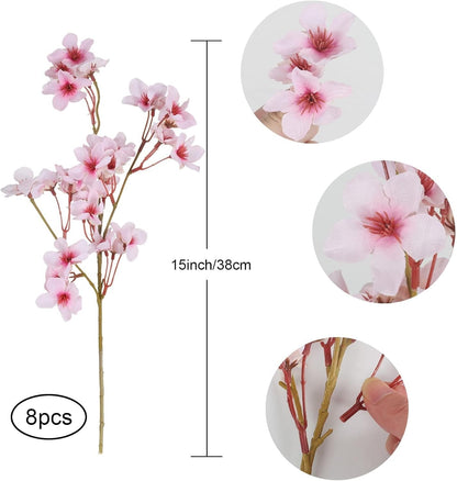 8PCS Artificial Silk Cherry Blossom Branches, Peach Pink Flower Arrangement