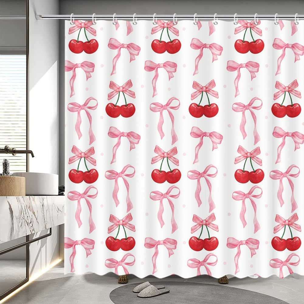 Pink Bow Cherry Shower Curtain Cute Coquette Bow Bath Curtain