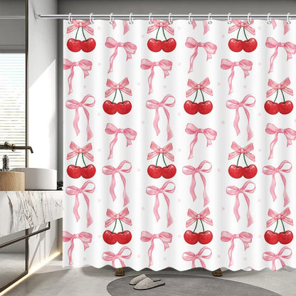 Pink Bow Cherry Shower Curtain Cute Coquette Bow Bath Curtain