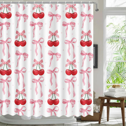 Pink Bow Cherry Shower Curtain Cute Coquette Bow Bath Curtain