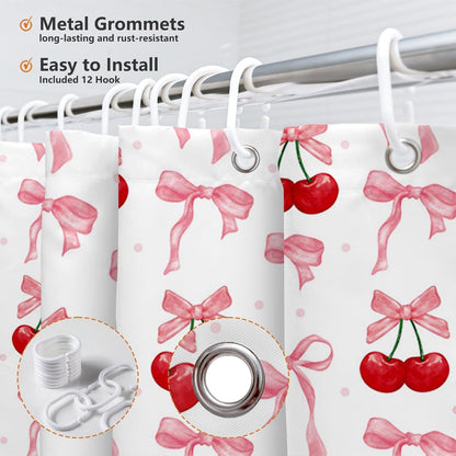 Pink Bow Cherry Shower Curtain Cute Coquette Bow Bath Curtain