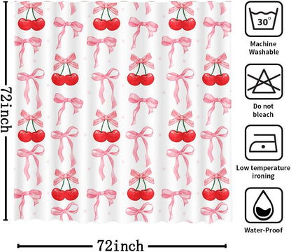 Pink Bow Cherry Shower Curtain Cute Coquette Bow Bath Curtain