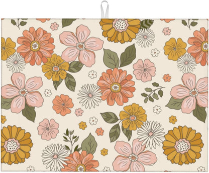 Pink Flowers Dish Drying Mat For Kitchen Counter, Super Absorbent Microfiber Dish Drying Pad, Kitchen Gadgets For Easy Clean Multi-Use Large 18"x24"