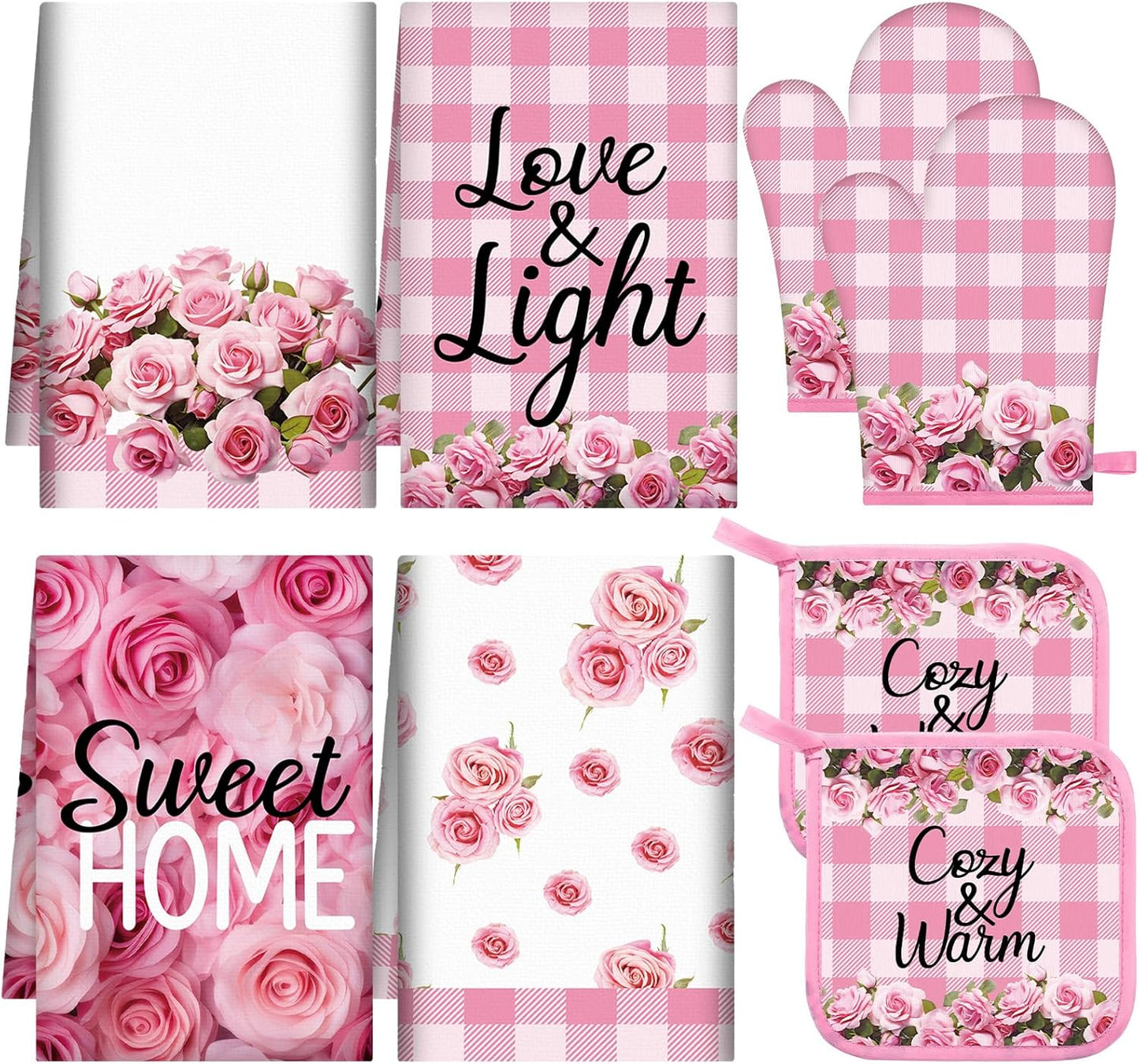 8Pcs Pink Rose Kitchen Oven Mitt Dish Towels Potholders Set Pink Rose Oven Glove Pot Holder Set Absorbent Gloves Potholders Heat Resistant for Cooking Baking Gifting BBQ Kitchen Accessories