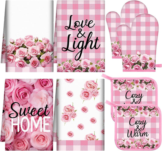 8Pcs Pink Rose Kitchen Oven Mitt Dish Towels Potholders Set Pink Rose Oven Glove Pot Holder Set Absorbent Gloves Potholders Heat Resistant for Cooking Baking Gifting BBQ Kitchen Accessories