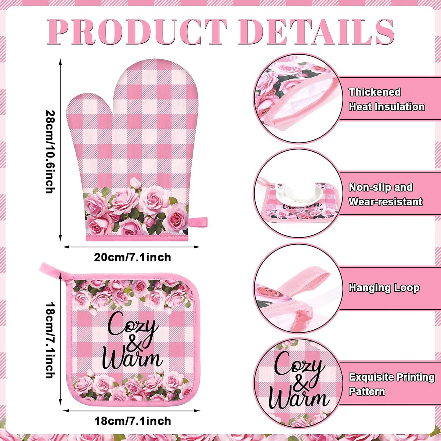 8Pcs Pink Rose Kitchen Oven Mitt Dish Towels Potholders Set Pink Rose Oven Glove Pot Holder Set Absorbent Gloves Potholders Heat Resistant for Cooking Baking Gifting BBQ Kitchen Accessories