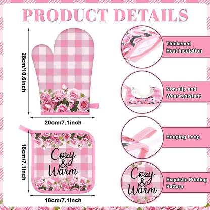8Pcs Pink Rose Kitchen Oven Mitt Dish Towels Potholders Set Pink Rose Oven Glove Pot Holder Set Absorbent Gloves Potholders Heat Resistant for Cooking Baking Gifting BBQ Kitchen Accessories