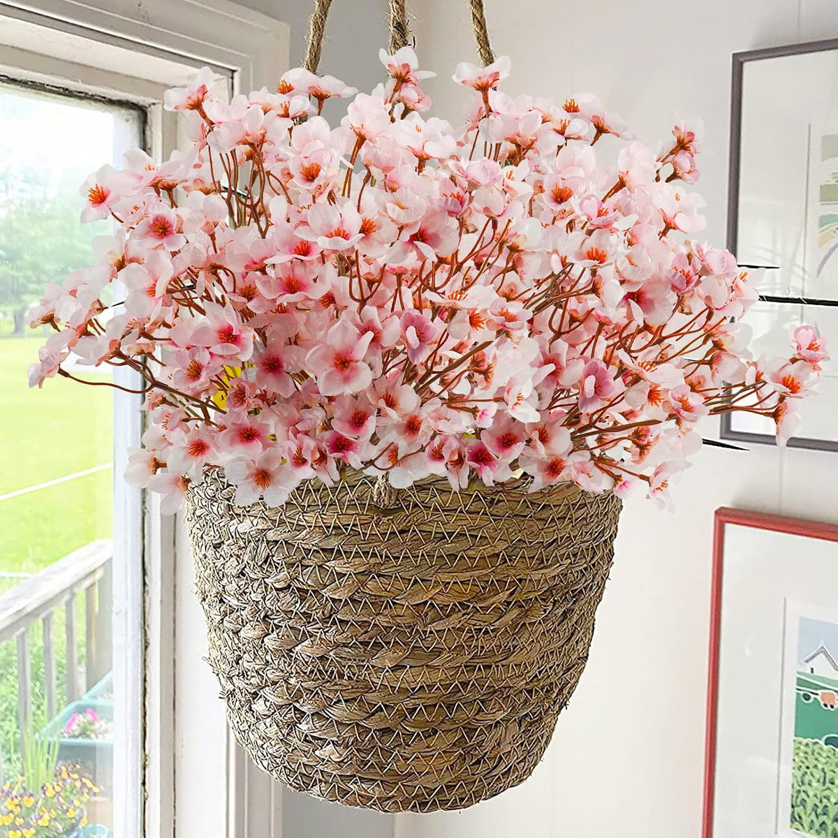 4Pcs Artificial Cherry Blossom Flower, Silk Peach Flowers Fake Plants Arrangement for DIY Garden Home Wedding Party Spring Decor, Pink
