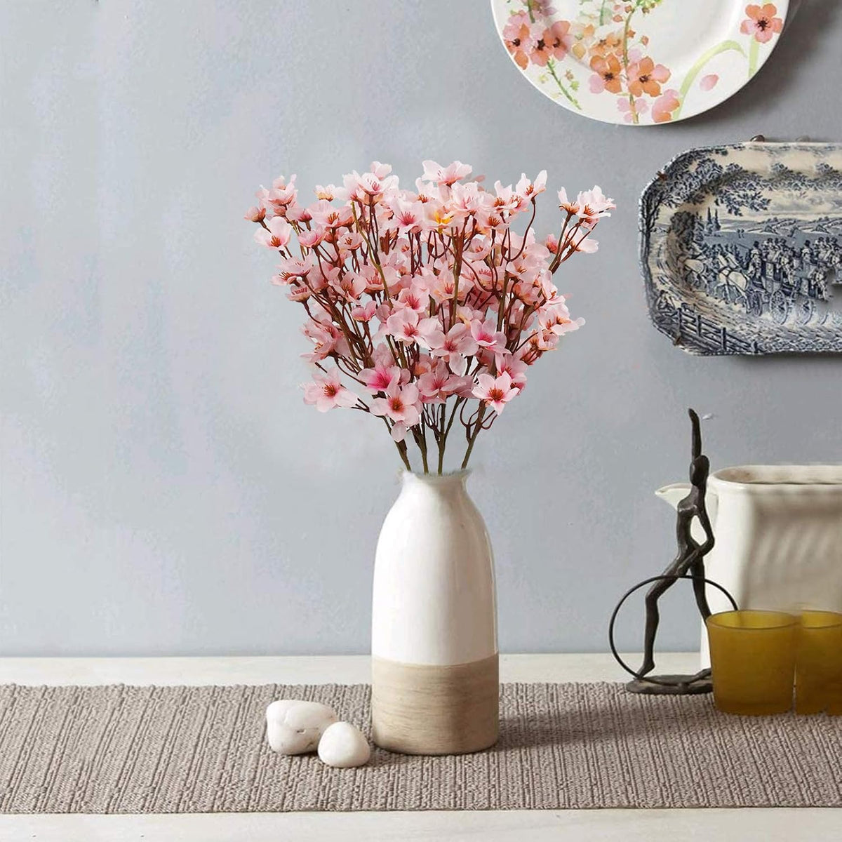 4Pcs Artificial Cherry Blossom Flower, Silk Peach Flowers Fake Plants Arrangement for DIY Garden Home Wedding Party Spring Decor, Pink