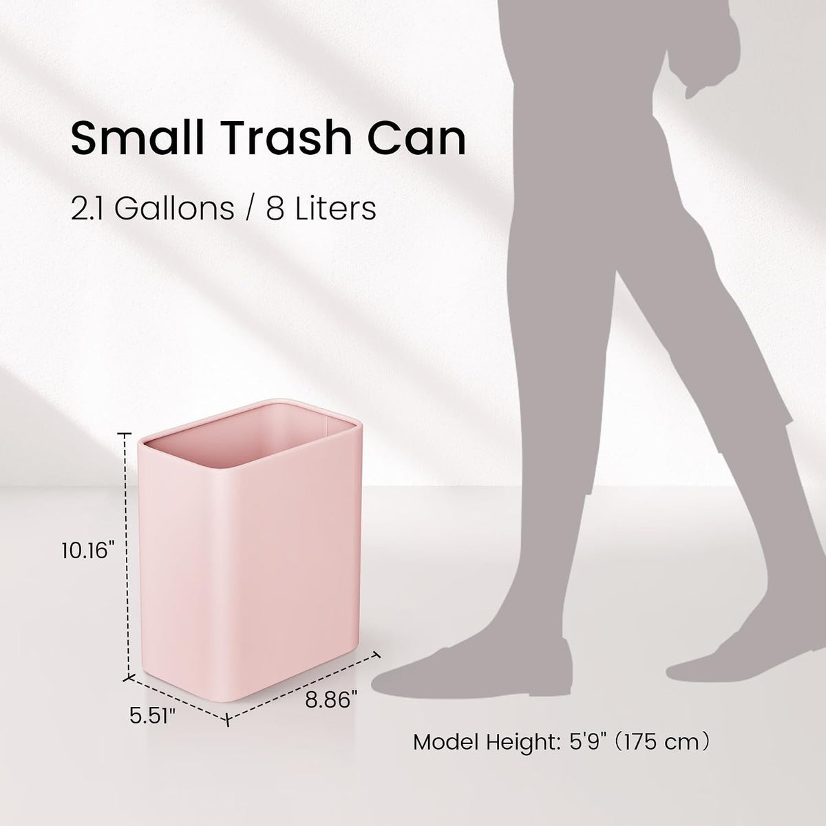 Small Bathroom Trash Can, 2.1 Gallons, Under Sink Wastebasket, Pink