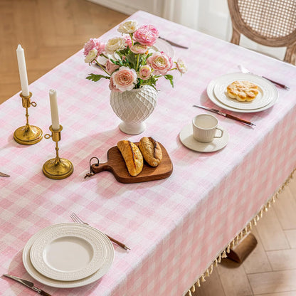 Checkered Tablecloth Rectangle Cotton Linen Gingham Table Cloth with Tassel Washable Wrinkle Free Heavy Duty Buffalo Plaid Table Cover for Dining/Party/Picnic (Pink, 55" x 55" (Square))